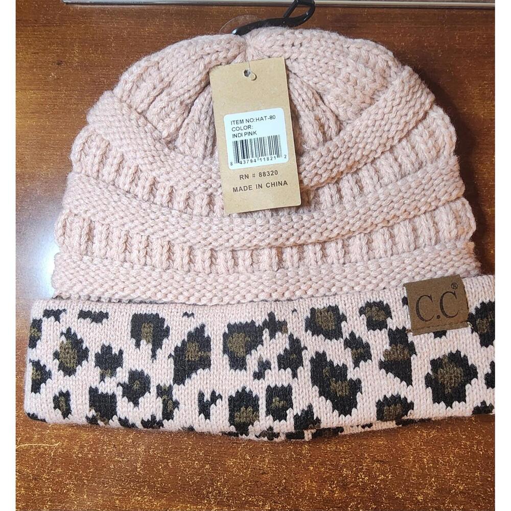C.C. Pink and Brown Leopard Knit Hat